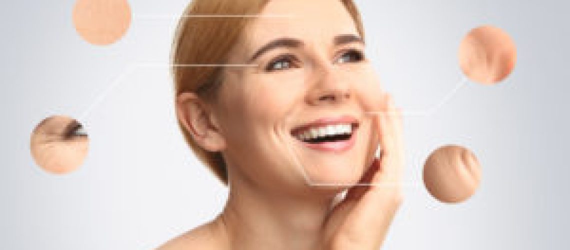 Portrait of beautiful woman with skin problem on light background. Process of aging